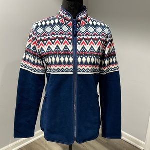 Talbots Women size small fleece jacket navy geometric pattern full zip